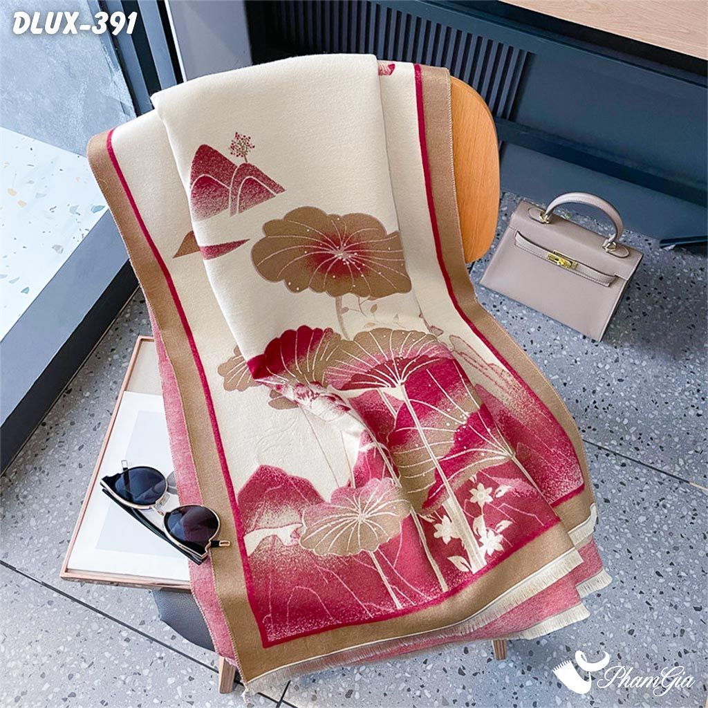 Khăn Choàng Dạ Cashmere Cao Cấp Họa Tiết Hoa Sen Màu Đỏ Sang Trọng (DLUX391)