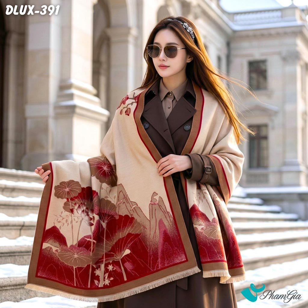 Khăn Choàng Dạ Cashmere Cao Cấp Họa Tiết Hoa Sen Màu Đỏ Sang Trọng (DLUX391)