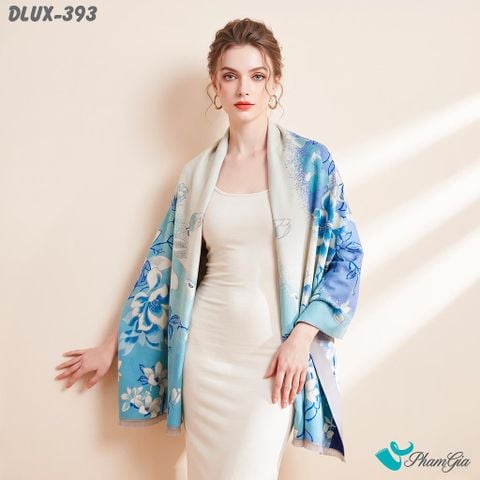 Khăn Choàng Dạ Cashmere Cao Cấp Họa Tiết Hoa Mộc Lan Màu Xanh Ombre (DLUX393)
