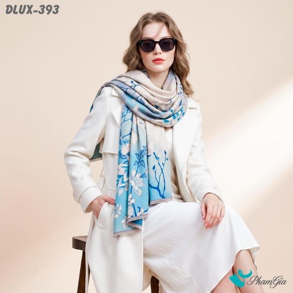 Khăn Choàng Dạ Cashmere Cao Cấp Họa Tiết Hoa Mộc Lan Màu Xanh Ombre (DLUX393)
