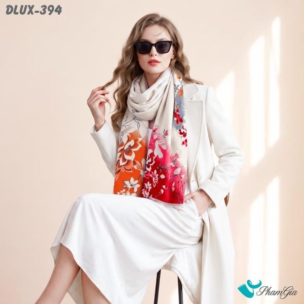 Khăn Choàng Dạ Cashmere Cao Cấp Họa Tiết Hoa Mộc Lan Màu Cam Ombre (DLUX394)