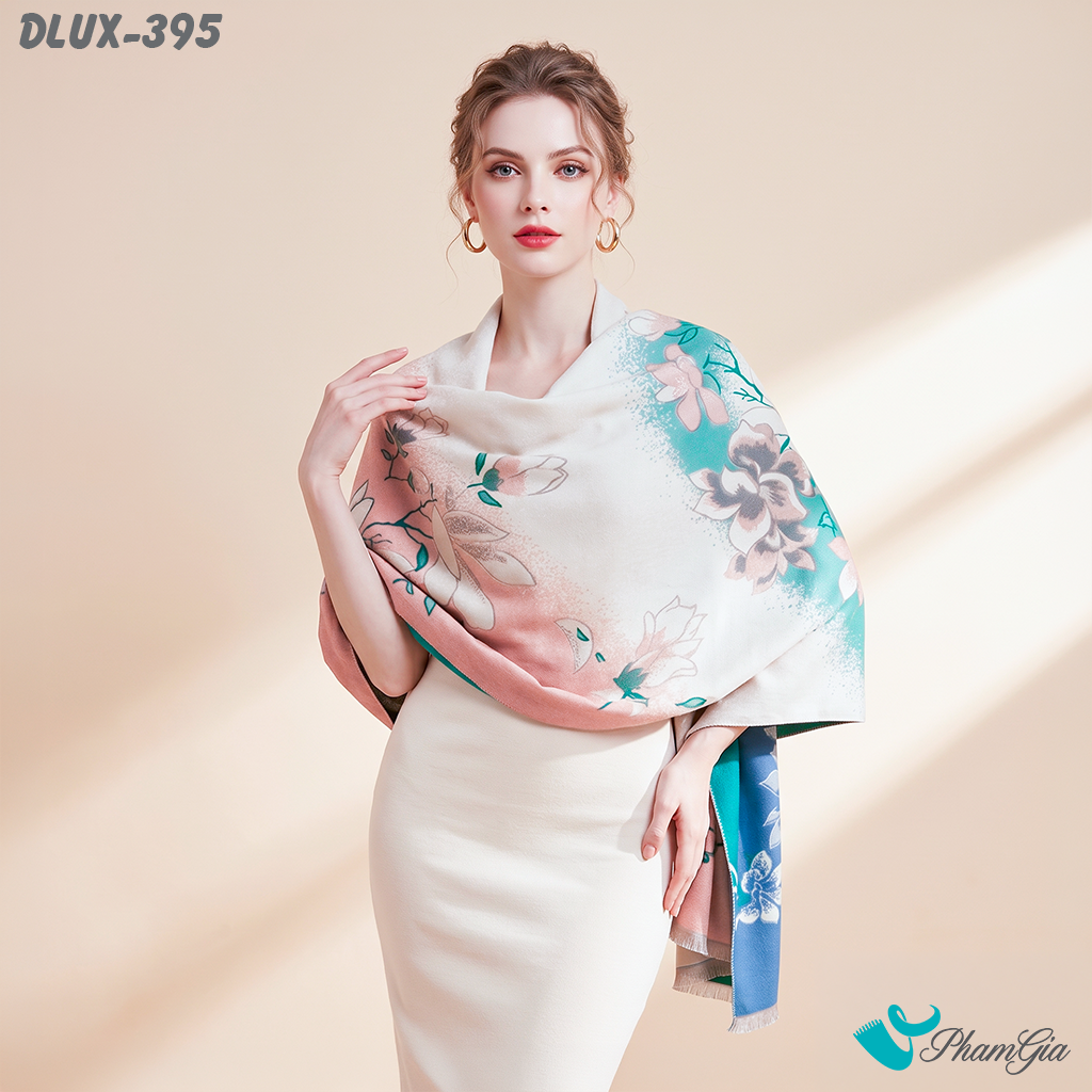 Khăn Choàng Dạ Cashmere Cao Cấp Họa Tiết Hoa Mộc Lan Màu Hồng Ombre (DLUX395)