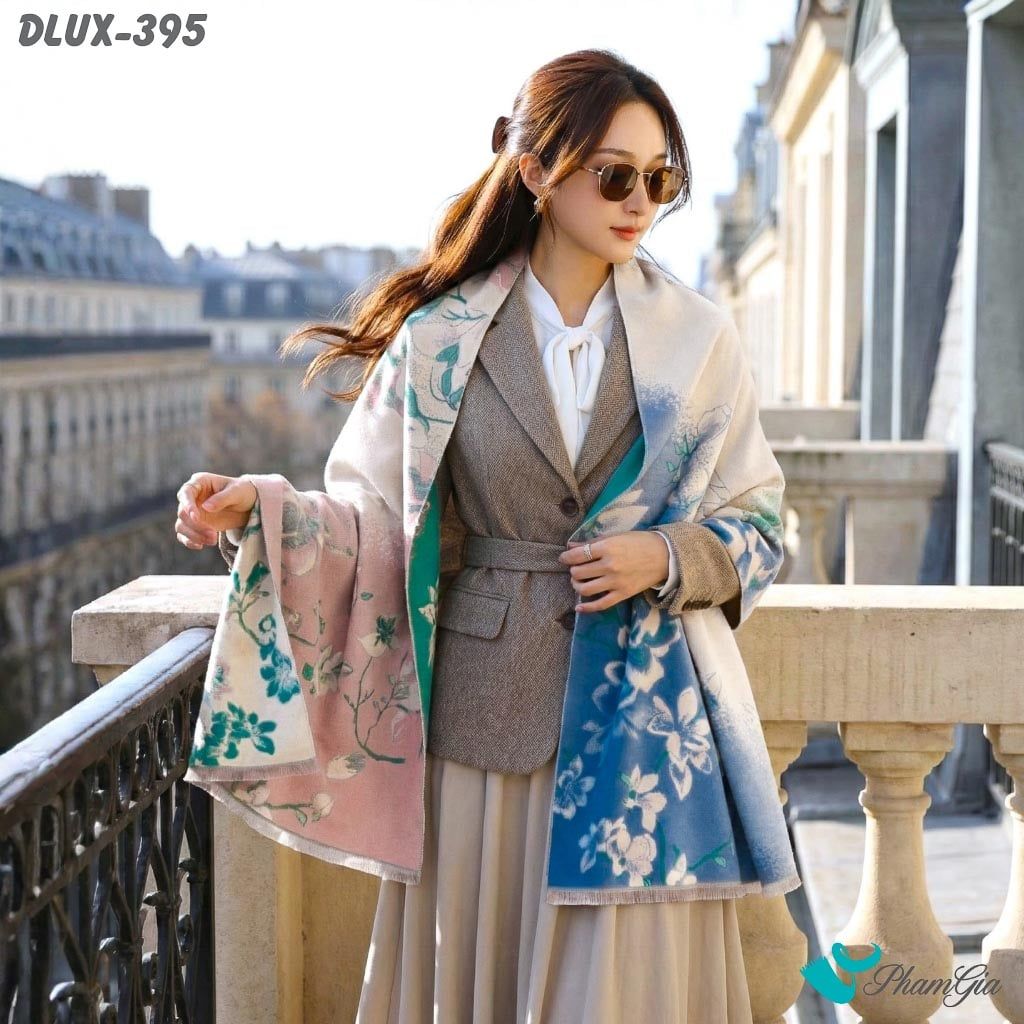 Khăn Choàng Dạ Cashmere Cao Cấp Họa Tiết Hoa Mộc Lan Màu Hồng Ombre (DLUX395)