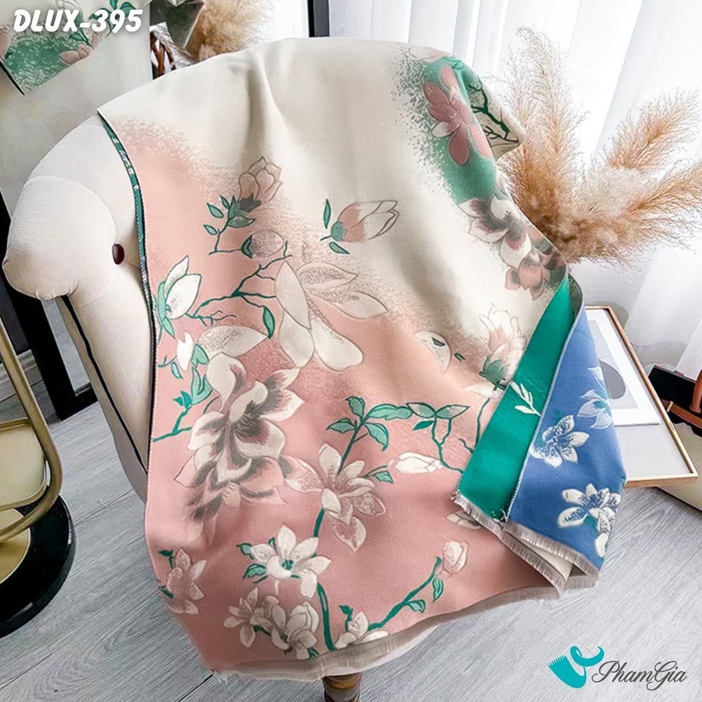 Khăn Choàng Dạ Cashmere Cao Cấp Họa Tiết Hoa Mộc Lan Màu Hồng Ombre (DLUX395)