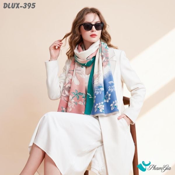 Khăn Choàng Dạ Cashmere Cao Cấp Họa Tiết Hoa Mộc Lan Màu Hồng Ombre (DLUX395)