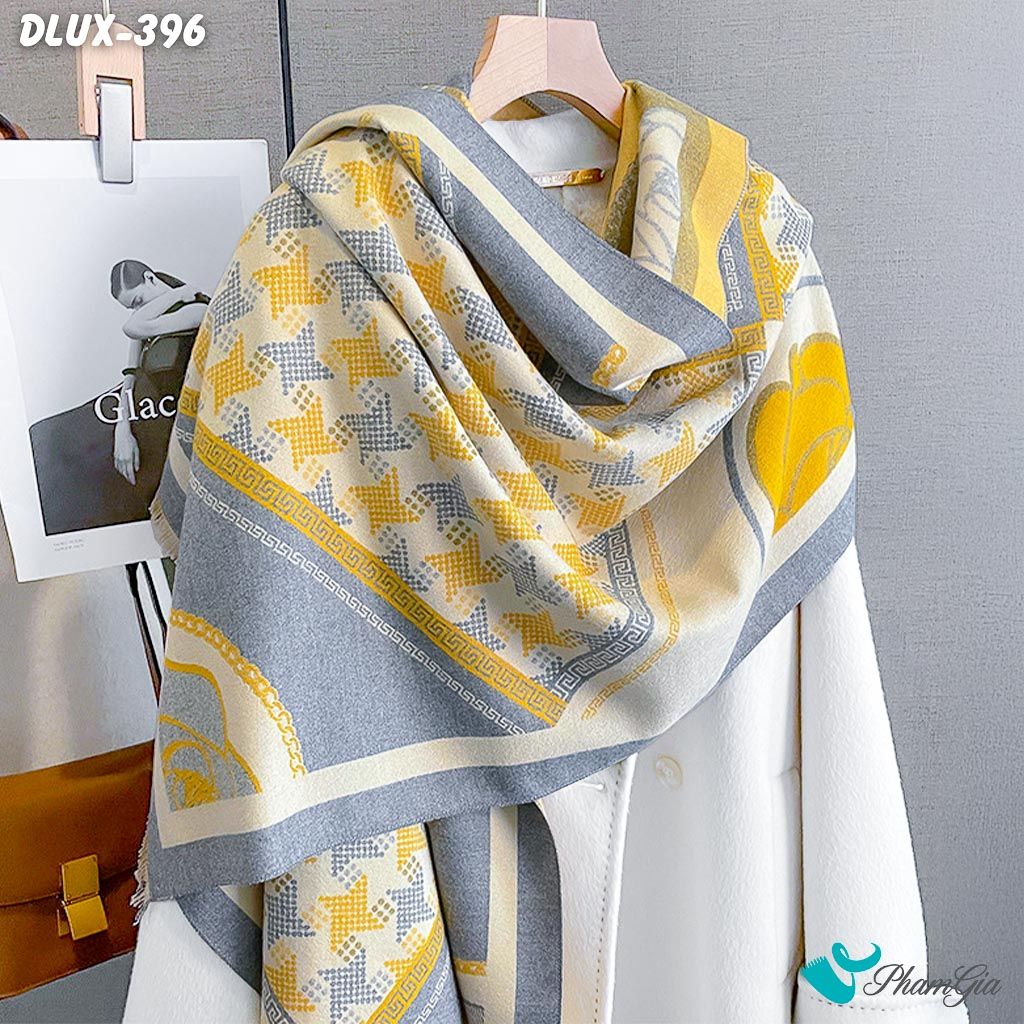 Khăn Choàng Dạ Cashmere Cao Cấp Họa Tiết Retro Phối Màu Xám - Vàng (DLUX396)