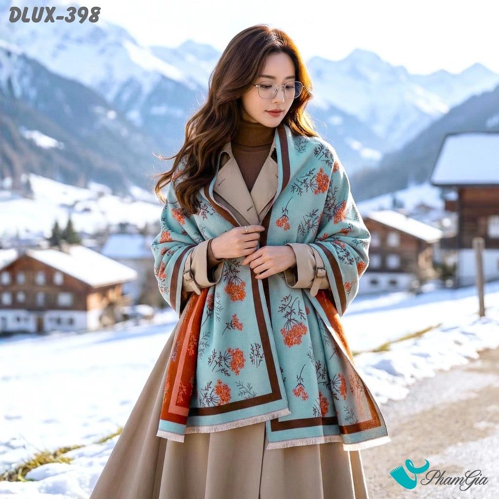Khăn Choàng Dạ Cashmere Cao Cấp Họa Tiết Hoa Nhí Màu Xanh Ngọc (DLUX398)