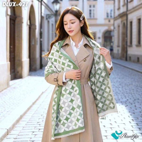 Khăn Choàng Dạ Cashmere Cao Cấp Họa Tiết Hình Học Màu Xanh Bơ Thanh Lịch (DLUX421)