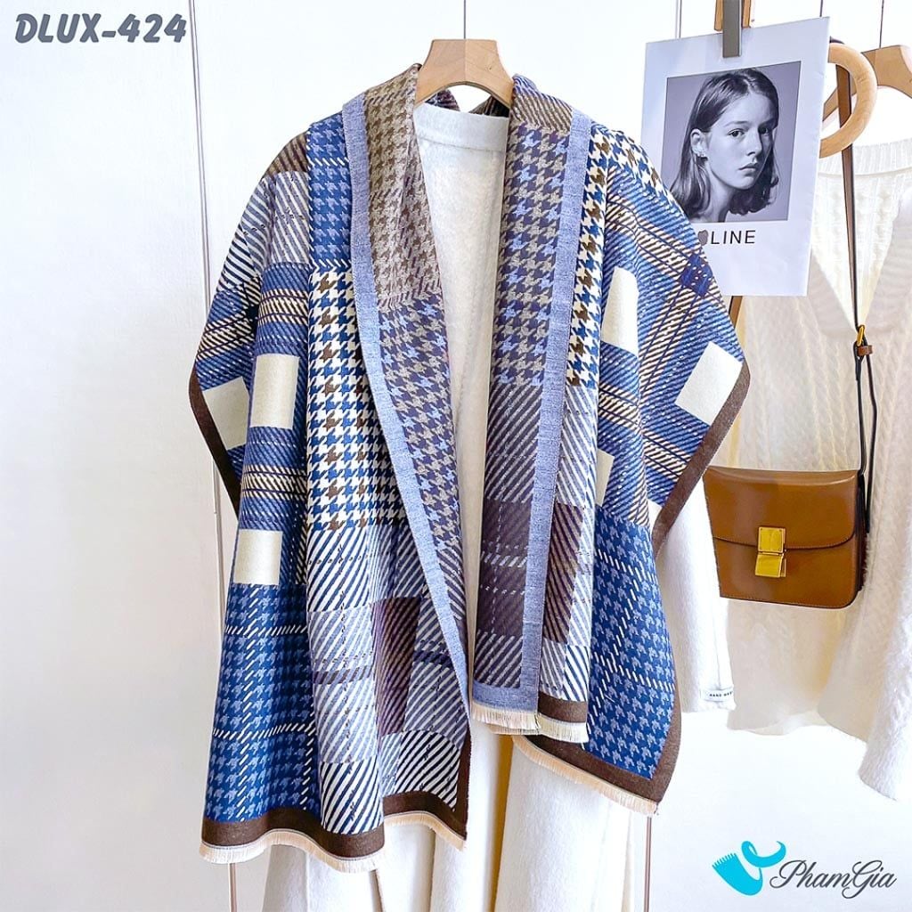 Khăn Choàng Dạ Cashmere Cao Cấp Họa Tiết Caro và Nanh Sói Màu Xanh Navy Cá Tính (DLUX424)