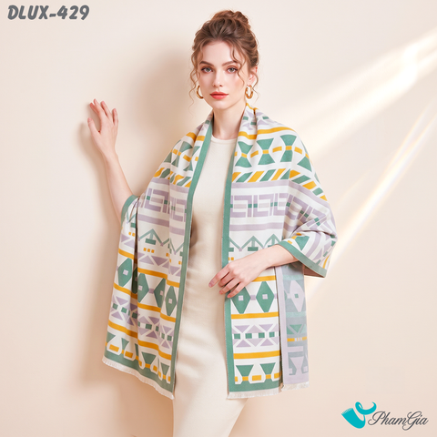 Khăn Choàng Dạ Cashmere Cao Cấp Họa Tiết Hình Học Hiện Đại Màu Xanh Bơ Viền Vàng Thanh Lịch (DLUX429)