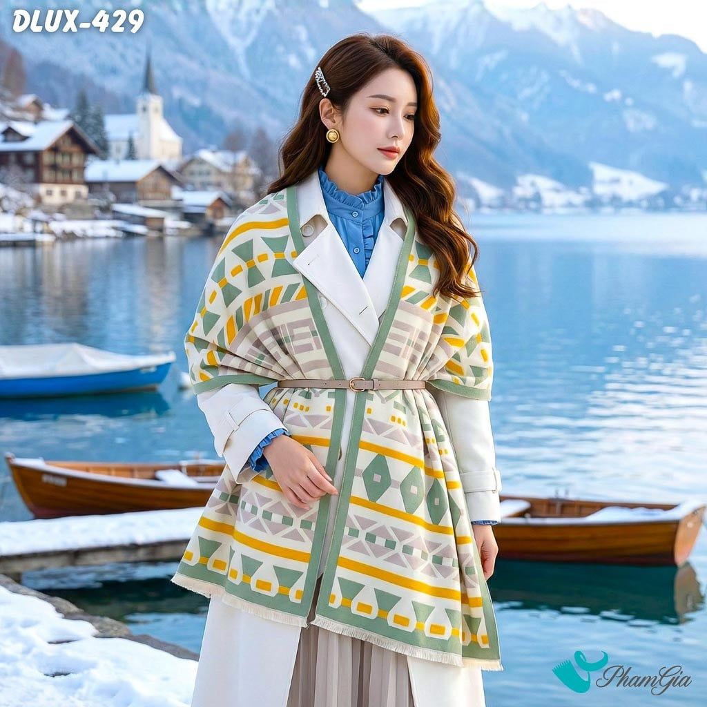 Khăn Choàng Dạ Cashmere Cao Cấp Họa Tiết Hình Học Hiện Đại Màu Xanh Bơ Viền Vàng Thanh Lịch (DLUX429)
