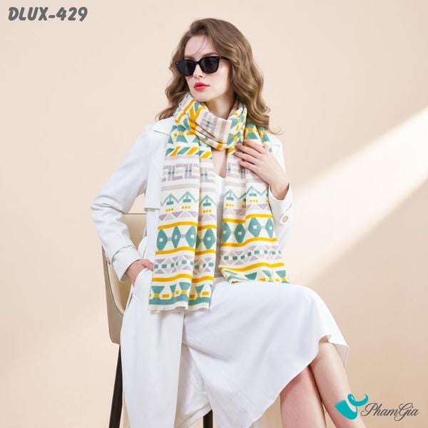 Khăn Choàng Dạ Cashmere Cao Cấp Họa Tiết Hình Học Hiện Đại Màu Xanh Bơ Viền Vàng Thanh Lịch (DLUX429)