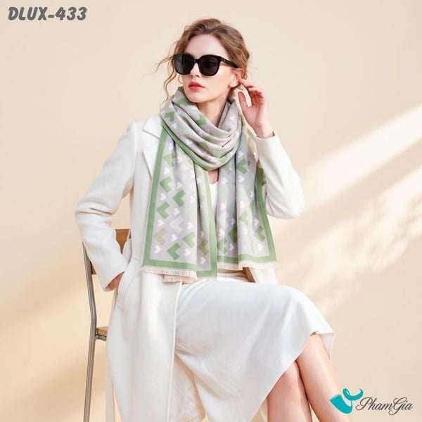 Khăn Choàng Dạ Cashmere Cao Cấp Họa Tiết Mũi Tên Hình Học Màu Beige Viền Xanh Bơ Thanh Lịch (DLUX433)