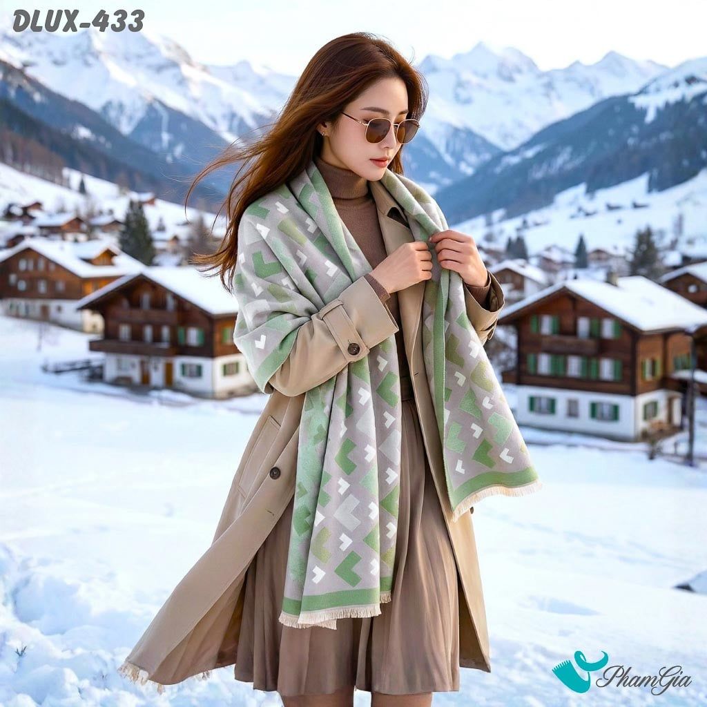 Khăn Choàng Dạ Cashmere Cao Cấp Họa Tiết Mũi Tên Hình Học Màu Beige Viền Xanh Bơ Thanh Lịch (DLUX433)