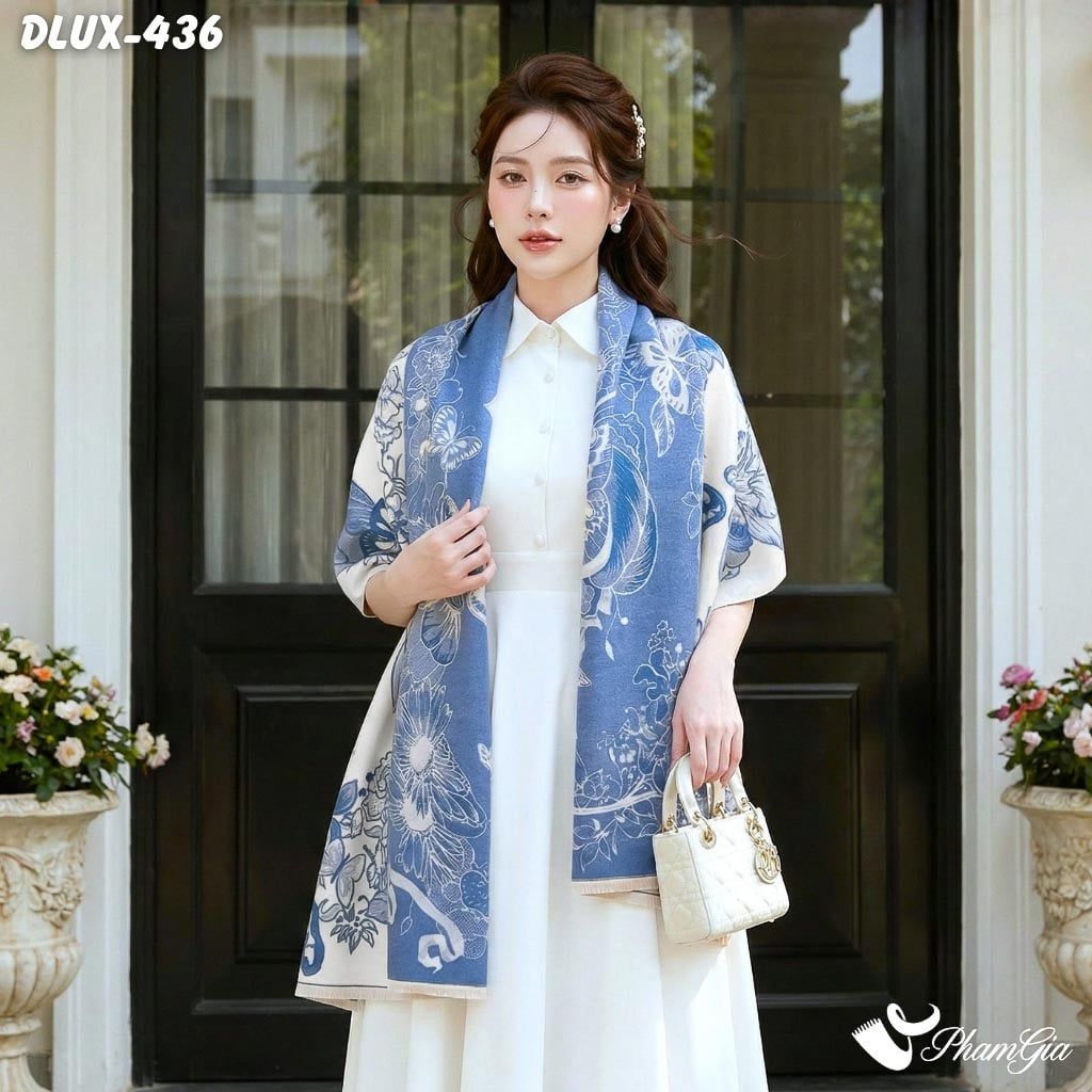 Khăn Choàng Dạ Cashmere Cao Cấp Họa Tiết Bướm Xanh Phối Nền Kem Thanh Lịch (DLUX436)
