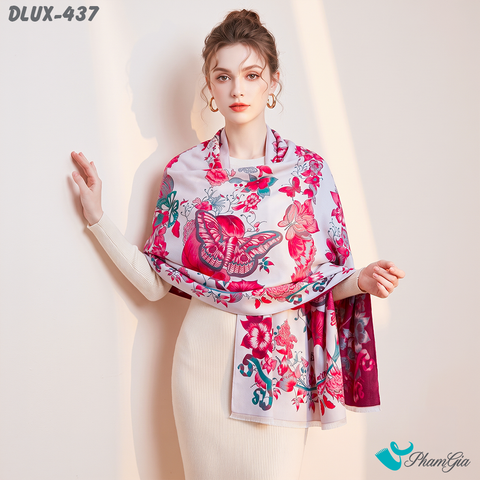 Khăn Choàng Dạ Cashmere Cao Cấp Họa Tiết Hoa Đỏ Phối Nền Beige Quyến Rũ (DLUX437)