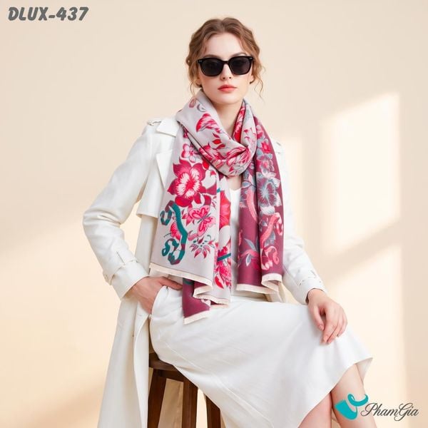 Khăn Choàng Dạ Cashmere Cao Cấp Họa Tiết Hoa Đỏ Phối Nền Beige Quyến Rũ (DLUX437)