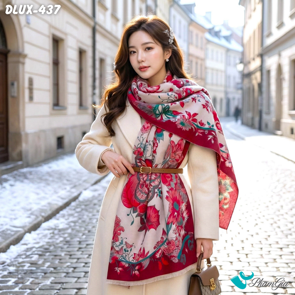 Khăn Choàng Dạ Cashmere Cao Cấp Họa Tiết Hoa Đỏ Phối Nền Beige Quyến Rũ (DLUX437)