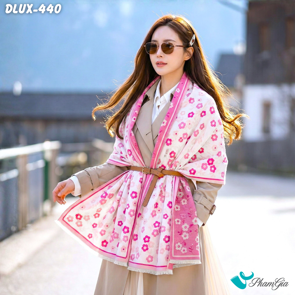 Khăn Choàng Dạ Cashmere Cao Cấp Họa Tiết Hoa Nhí Màu Hồng Baby Ngọt Ngào (DLUX440)