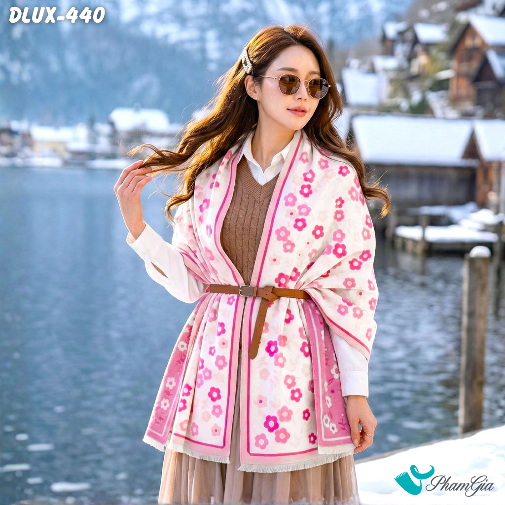 Khăn Choàng Dạ Cashmere Cao Cấp Họa Tiết Hoa Nhí Màu Hồng Baby Ngọt Ngào (DLUX440)