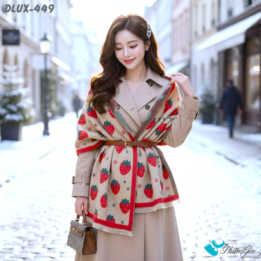 Khăn Choàng Dạ Cashmere Cao Cấp Họa Tiết Dâu Tây Màu Đỏ Cá Tính (DLUX449)