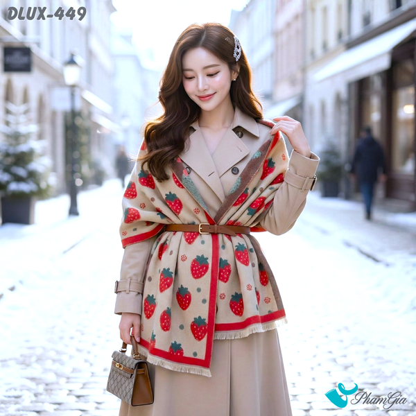 Khăn Choàng Dạ Cashmere Cao Cấp Họa Tiết Dâu Tây Màu Đỏ Cá Tính (DLUX449)