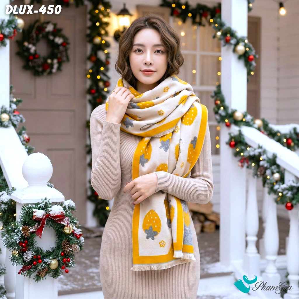Khăn Choàng Dạ Cashmere Cao Cấp Họa Tiết Dâu Tây Màu Vàng Cá Tính (DLUX450)