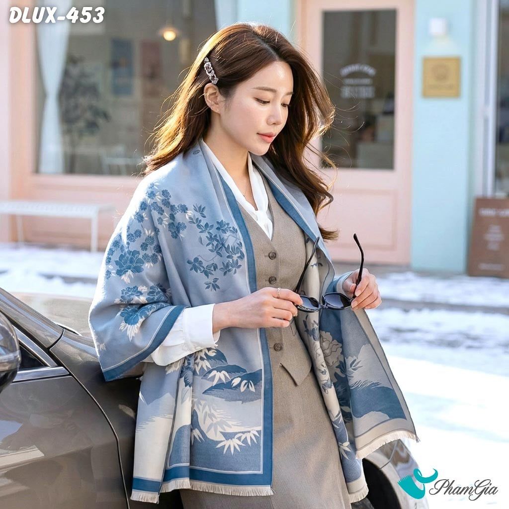 Khăn Choàng Dạ Cashmere Cao Cấp Họa Tiết Sơn Thủy Màu Xanh Dương Sang Trọng (DLUX453)