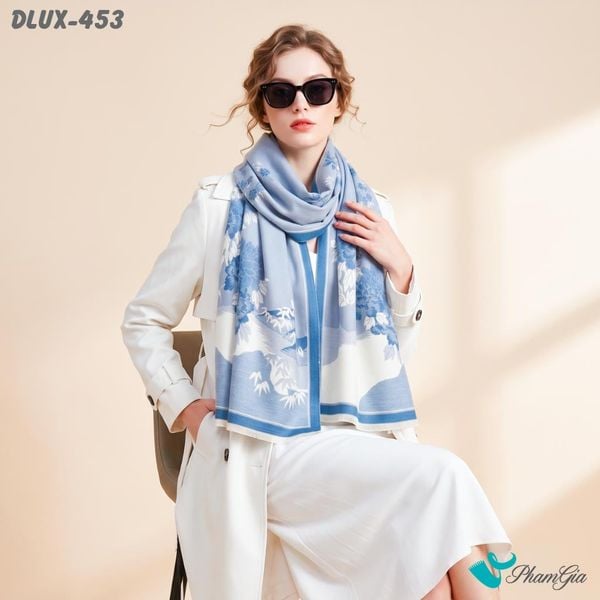 Khăn Choàng Dạ Cashmere Cao Cấp Họa Tiết Sơn Thủy Màu Xanh Dương Sang Trọng (DLUX453)