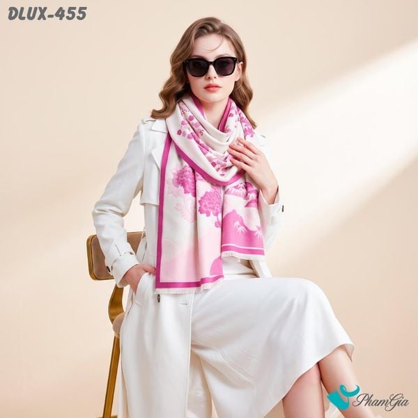 Khăn Choàng Dạ Cashmere Cao Cấp Họa Tiết Sơn Thủy Màu Hồng Ngọc Thanh Lịch (DLUX455)