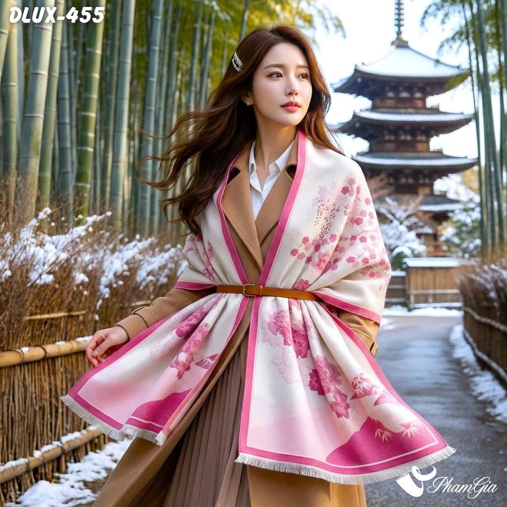 Khăn Choàng Dạ Cashmere Cao Cấp Họa Tiết Sơn Thủy Màu Hồng Ngọc Thanh Lịch (DLUX455)