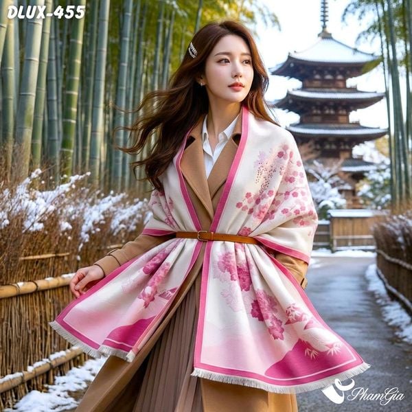 Khăn Choàng Dạ Cashmere Cao Cấp Họa Tiết Sơn Thủy Màu Hồng Ngọc Thanh Lịch (DLUX455)