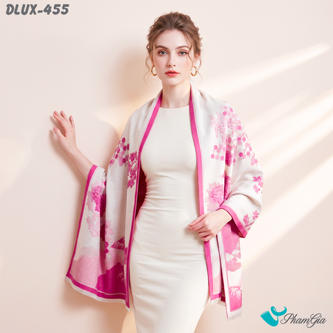 Khăn Choàng Dạ Cashmere Cao Cấp Họa Tiết Sơn Thủy Màu Hồng Ngọc Thanh Lịch (DLUX455)