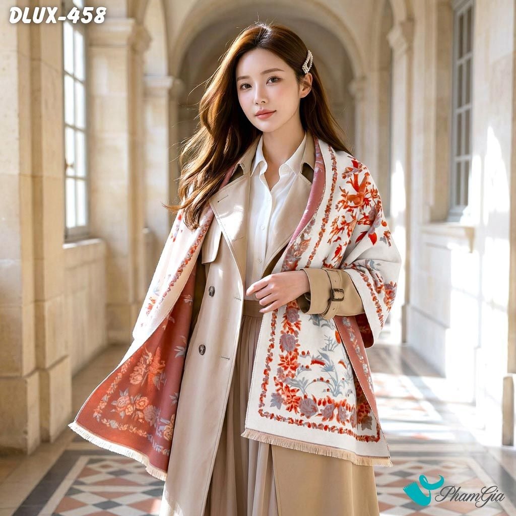 Khăn Choàng Dạ Cashmere Cao Cấp Họa Tiết Hoa Lá Màu Cam Phối Nền Kem Trang Nhã (DLUX458)