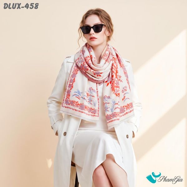 Khăn Choàng Dạ Cashmere Cao Cấp Họa Tiết Hoa Lá Màu Cam Phối Nền Kem Trang Nhã (DLUX458)