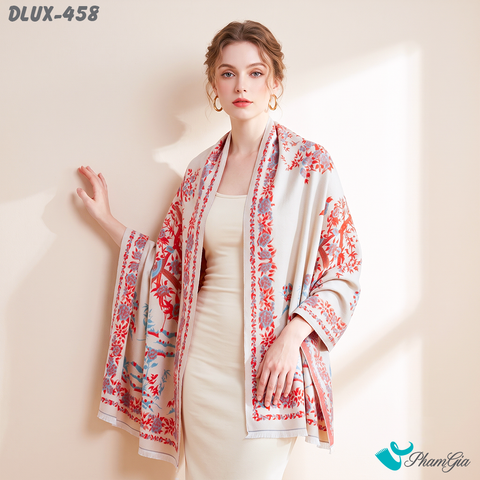 Khăn Choàng Dạ Cashmere Cao Cấp Họa Tiết Hoa Lá Màu Cam Phối Nền Kem Trang Nhã (DLUX458)