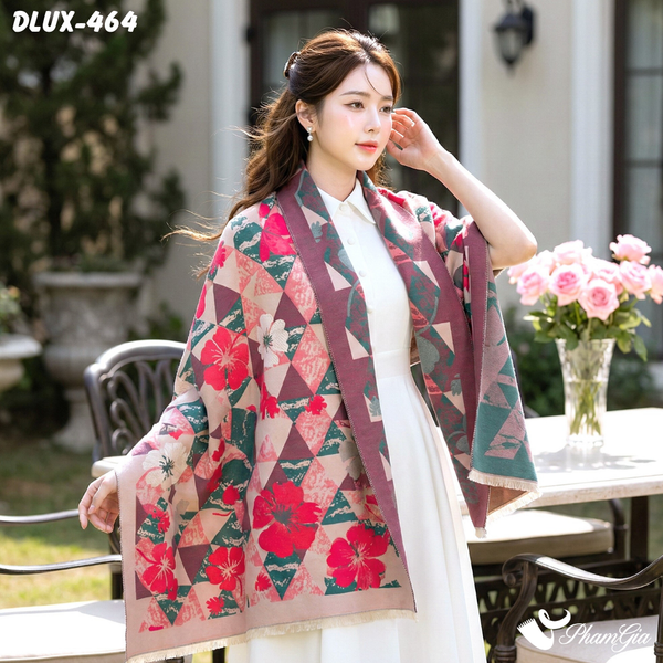 Khăn Choàng Dạ Cashmere Cao Cấp Họa Tiết Hoa Đỏ Phối Nền Beige Quyến Rũ (DLUX437)