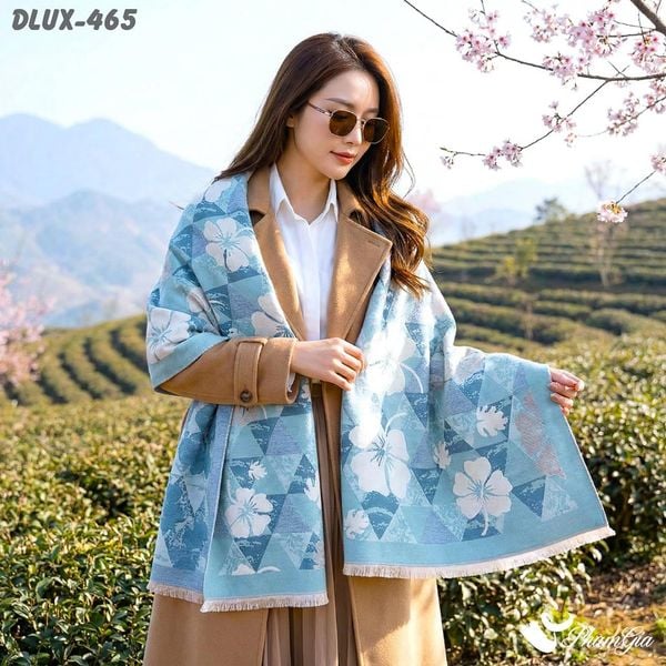 Khăn Choàng Dạ Cashmere Cao Cấp Họa Tiết Hoa Mai Màu Xanh Baby Thanh Lịch (DLUX465)
