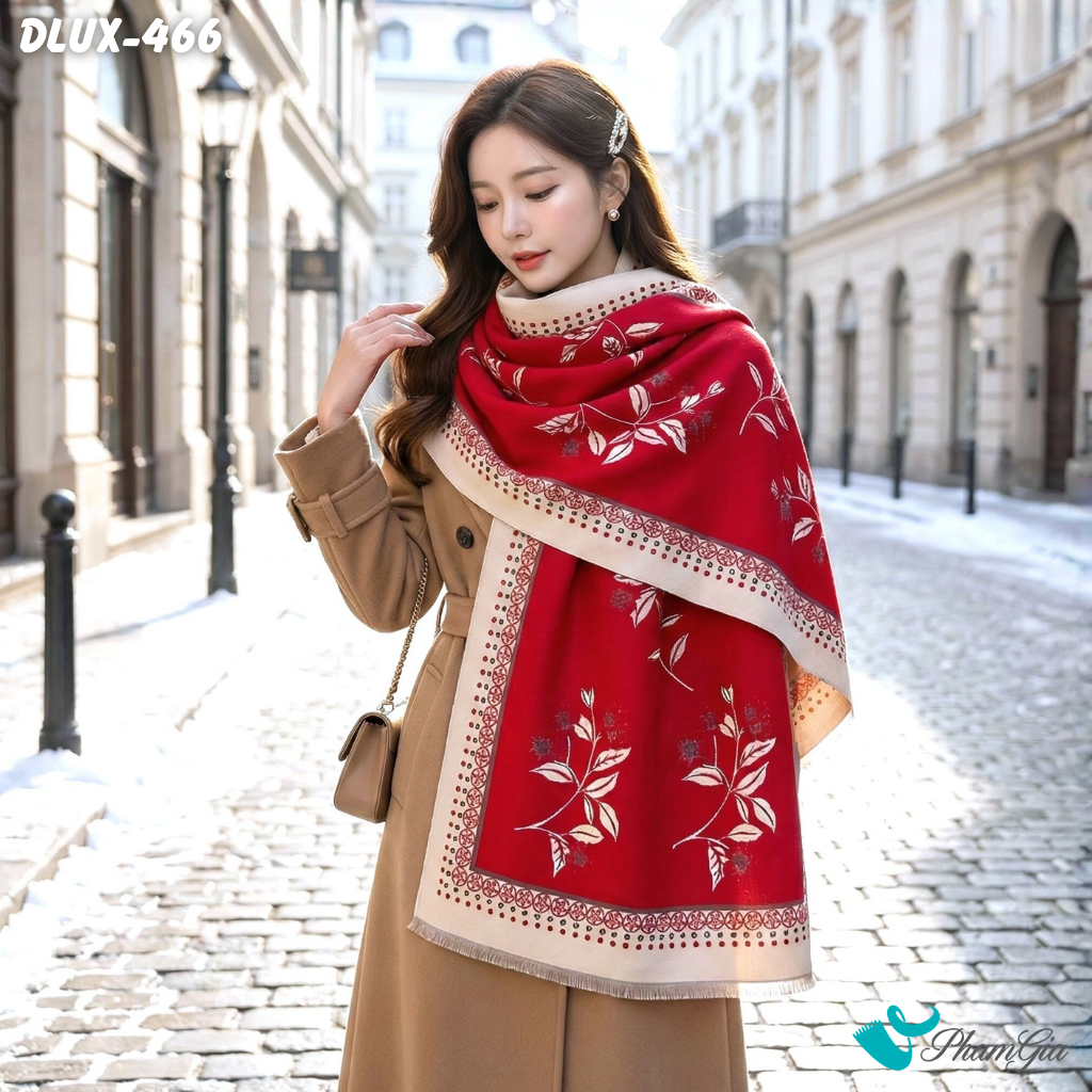 Khăn Choàng Dạ Cashmere Cao Cấp Họa Tiết Hoa Tuyết Mai Màu Đỏ Ruby Trang Nhã (DLUX466)