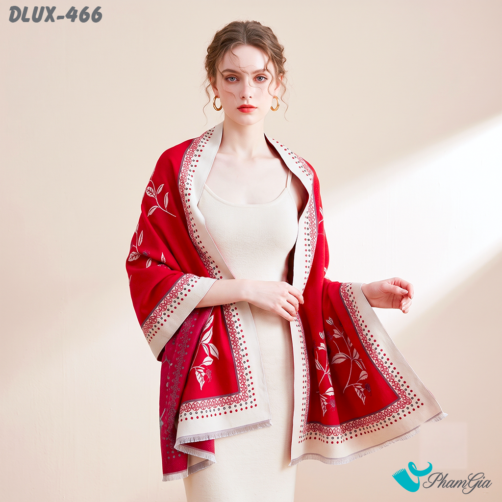 Khăn Choàng Dạ Cashmere Cao Cấp Họa Tiết Hoa Tuyết Mai Màu Đỏ Ruby Trang Nhã (DLUX466)