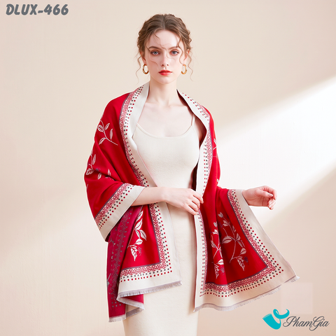 Khăn Choàng Dạ Cashmere Cao Cấp Họa Tiết Hoa Tuyết Mai Màu Đỏ Ruby Trang Nhã (DLUX466)
