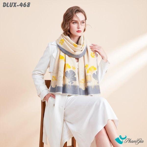 Khăn Choàng Dạ De Luxe Giữ Ấm Cao Cấp Họa Tiết Hoa Rẻ Quạt Màu Vàng Gold Sang Trọng (DLUX468)