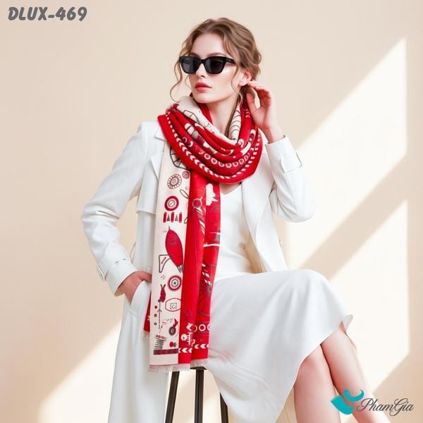Khăn Choàng Dạ Cashmere Cao Cấp Họa Tiết Đương Đại Màu Đỏ Sang Trọng (DLUX469)