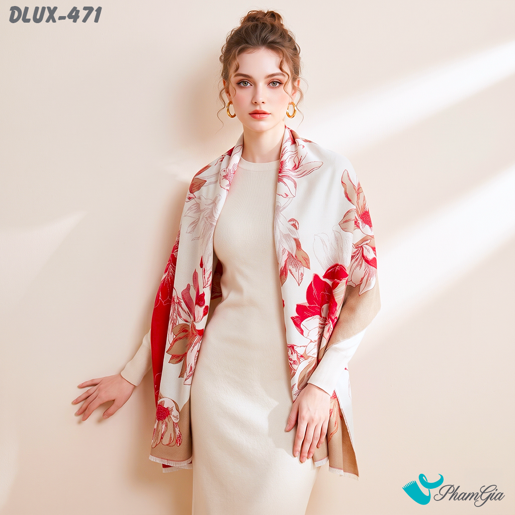 Khăn Choàng Dạ Cashmere Cao Cấp Họa Tiết Hoa Mẫu Đơn Màu Đỏ Sang Trọng (DLUX471)