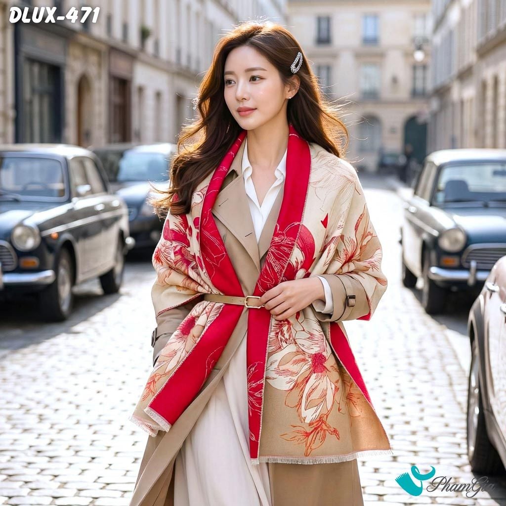 Khăn Choàng Dạ Cashmere Cao Cấp Họa Tiết Hoa Mẫu Đơn Màu Đỏ Sang Trọng (DLUX471)