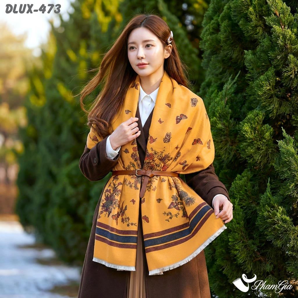 Khăn Choàng Dạ Cashmere Cao Cấp Họa Tiết Bướm Hoa Màu Vàng Gold Sang Trọng (DLUX473)