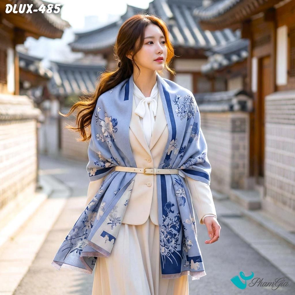 Khăn Choàng Dạ Cashmere Cao Cấp Họa Tiết Hoa Lá Màu Xanh Blue Trang Nhã (DLUX485)