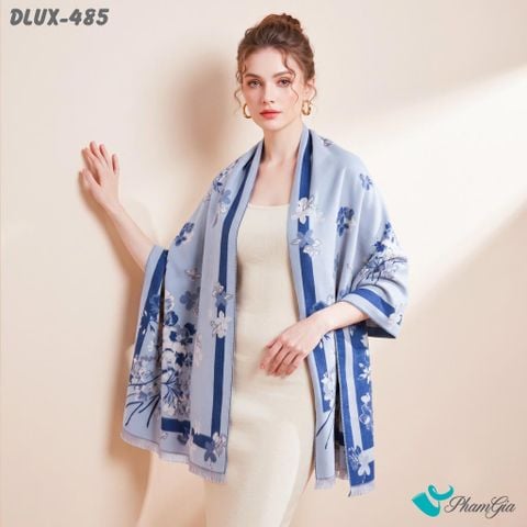 Khăn Choàng Dạ Cashmere Cao Cấp Họa Tiết Hoa Lá Màu Xanh Blue Trang Nhã (DLUX485)