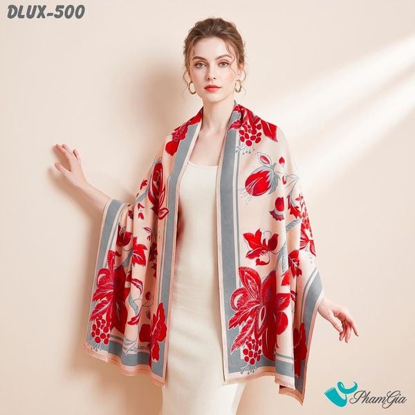 Khăn Choàng Dạ Cashmere Cao Cấp Họa Tiết Hoa Lựu Màu Đỏ Ruby Ấn Tượng (DLUX500)