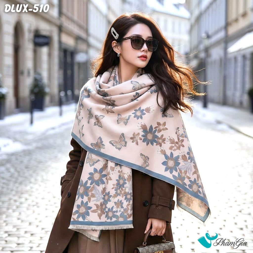 Khăn Choàng Dạ Cashmere Cao Cấp Họa Tiết Hoa Cúc Màu Xanh Phối Nền Hồng Nude Nhẹ Nhàng (DLUX510)